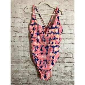 Beach Betty One Piece Bathing Suit XL Pink & Navy Tie Dye Strappy Racerback